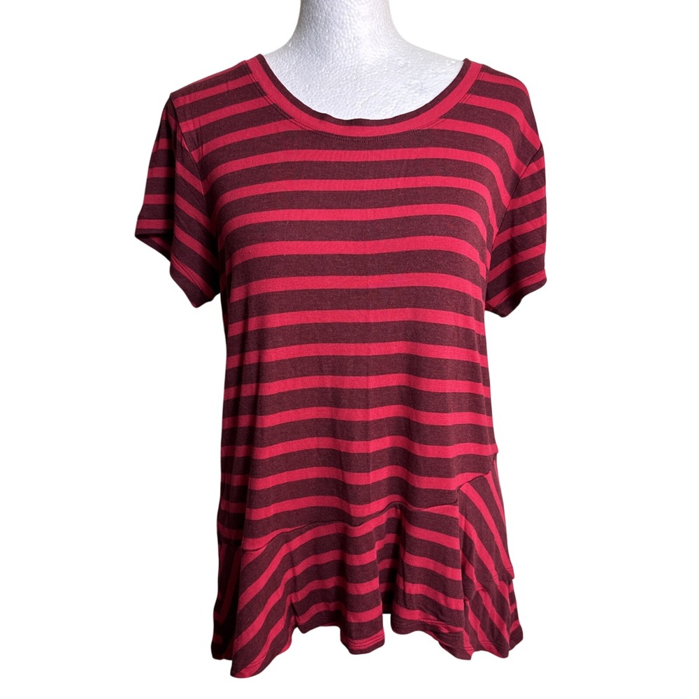 Cabi Sweet Talk Peplum Tee S Red Garnet Striped Ruffle Top 3631